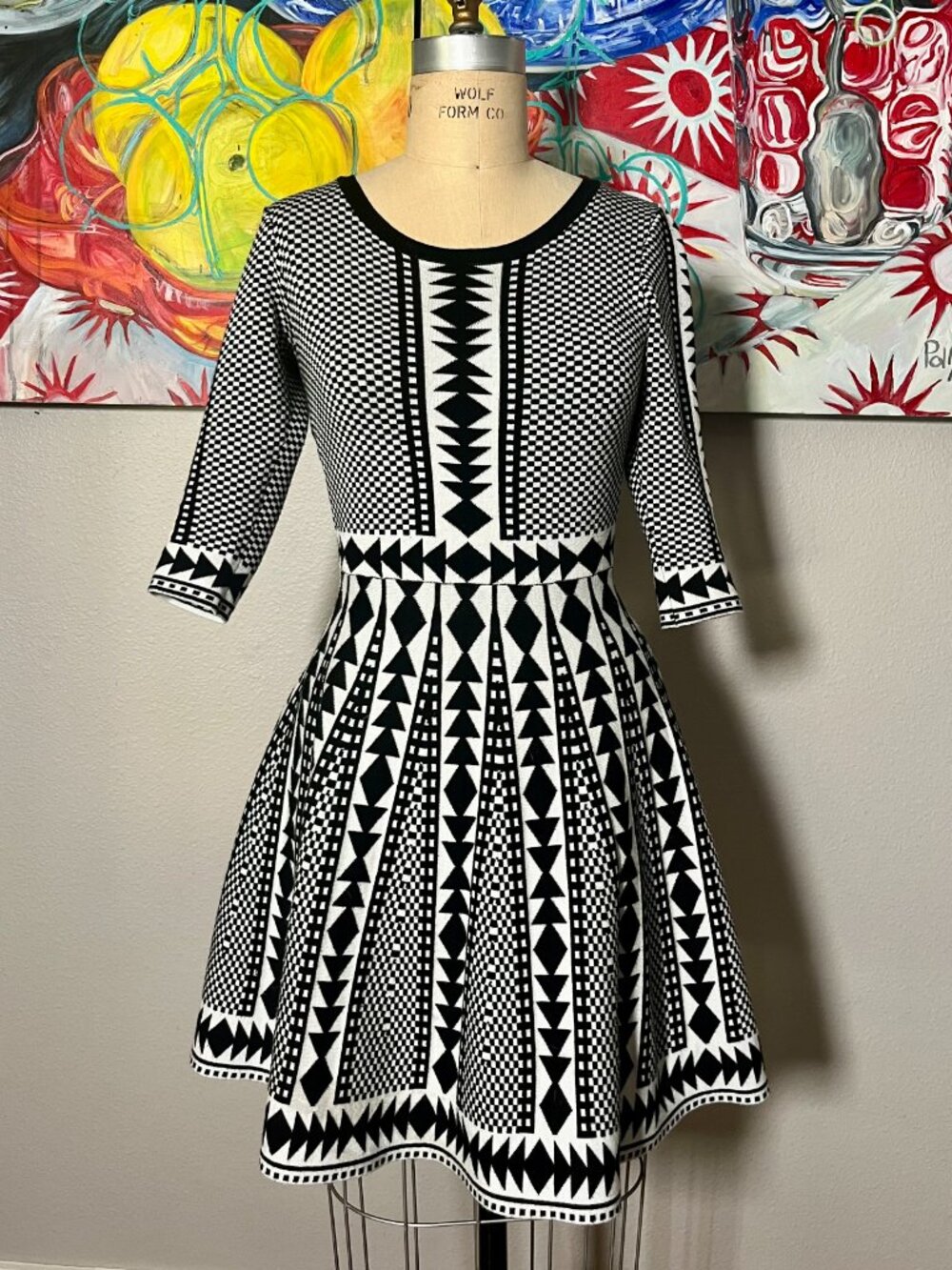 Nina Leonard Black & White Geometric Knit Fit & Flare Sweater Dress